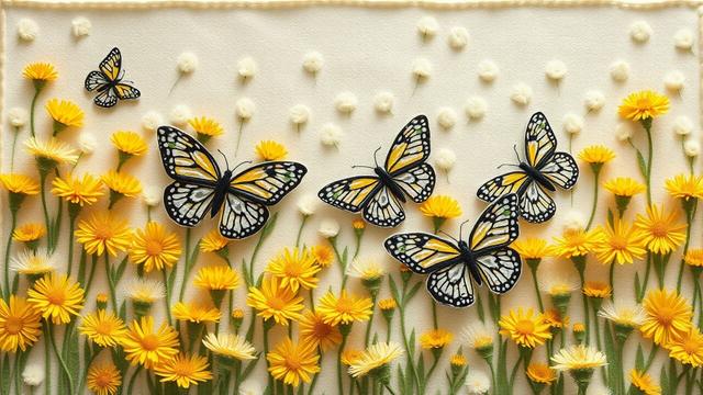 ③«#aiart Generated by MagicEraser/FLUX»
Felt art. Medium shot. Five stylized swallowtail butterflies fluttering amidst crowded dandelions with yellow flowers and white fluff in a spring field. Whimsical folk art. Delicate, layered felt textures. Soft, diffused natural light. Warm, sunny color palette with pastel hues. Gentle, feathery brushstrokes. Intricate, hand-stitched details. Felt appliqué. Naomi Arnold, Myriorama, textile art, art nouveau, decorative arts, best quality, 4k resolution