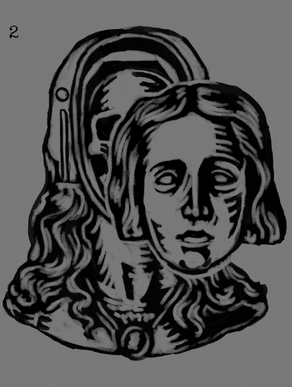 Simplified illustration of the reliquary for the skull of Mary Magdalene in black on a gray background. It's bust of a woman with long wavy hair. The face is sort of floating off of it, so that some of the skull inside is visible.