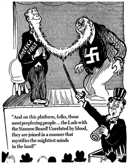 A number of Dr Seuss political cartoons have resurfaced in recent weeks, and focus on the 1940s isolationist movement known as “America First.” The phrase has more recently been marshalled by the Trump administration as a slogan for its populist foreign policy agenda, which puts the interest of specific American people before all others.