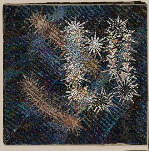 The collage composition has an aged old style photo edge.  The mix of text and writing resembles alternative photo processing from the early 1900s.  Colours are predominatingly dark blue to black, with aged manuscript browns.