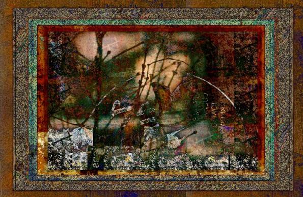 A photo - close up of fine branches - has been blended with an asemic collage of text and writing.  The effect is of an aged stained photo fading into a mixture of layered pages.