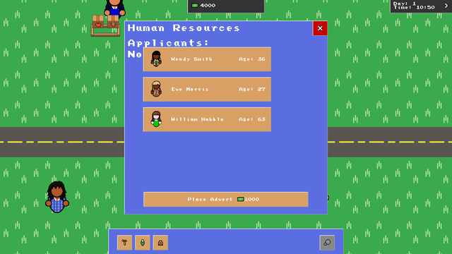 A screenshot of a menu screen titled Human Resources.

There is a list of application avaliabe to hire.

A tan button saying "Place Advert" with a cost of 1000 money.