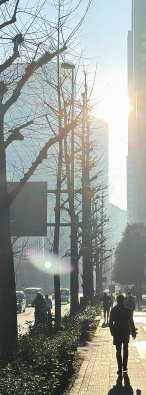 Vertical panorama photo of the morning sun flooding the Marunouchi area in Tokyo, Japan.