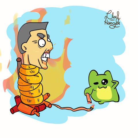 Froggelio igniting some "mecha" to put on fire the politic Mazón who is tied to a stick with firecrakers under him.