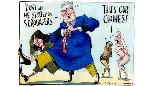 Cartoon by Morten Morland Starmer strides off wearing a blue coat a la Thatcher and fastening a Union Jack tie, accompanied by  morose Looking Kendall stating ‘Don’t Get me started on Sctoungers’. Meanwhile Badenoch and Farage, almost naked scream ‘that’s Our clothes’
