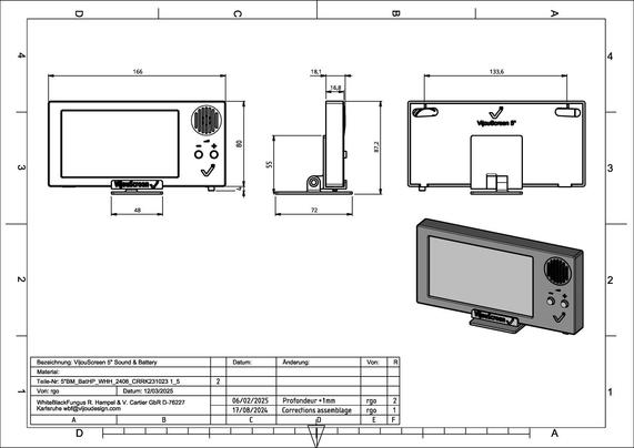 Engineering drawing of VijouScreen 5": width 166 mm, height 80 mm, depth 16,8 mm (18,1 mm including speaker dome), height with stand 87,2 mm. The footprint of the stand is 48 x 72 mm.