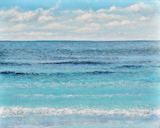 Painting of a turquoise blue ocean and fluffy white clouds in the early morning summer sunshine.