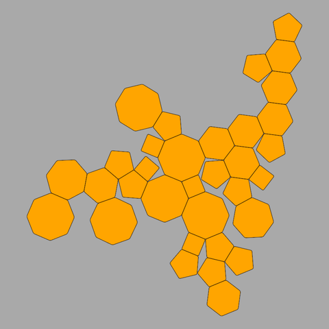 Code generated design made of squares, pentagons, hexagons, heptagons and octagons of equal side length. Gray background, orange shapes with black outline. The shapes touch another shape in one or more edges. Uses a growth algorithm, trying to add new shapes while avoiding overlap with existing shapes or touching the window borders.