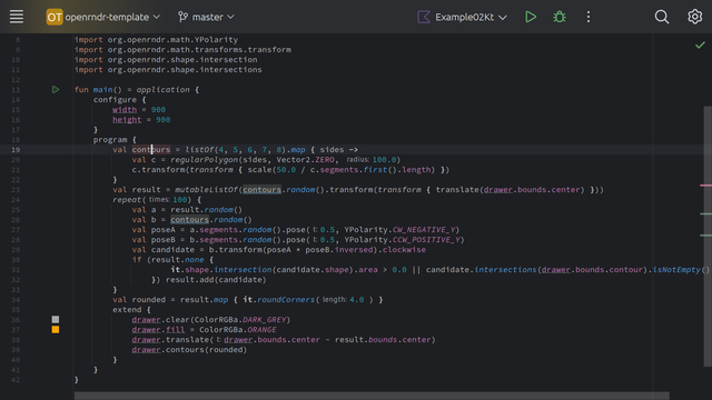 The Kotlin source code of the program with the imports removed (otherwise the text is too long for Mastodon)

fun main() = application {
    configure {
        width = 900
        height = 900
    }
    program {
        val contours = listOf(4, 5, 6, 7, 8).map { sides ->
            val c = regularPolygon(sides, Vector2.ZERO, 100.0)
            c.transform(transform { scale(50.0 / c.segments.first().length) })
        }
        val result = mutableListOf(contours.random().transform(transform { translate(drawer.bounds.center) }))
        repeat(100) {
            val a = result.random()
            val b = contours.random()
            val poseA = a.segments.random().pose(0.5, YPolarity.CW_NEGATIVE_Y)
            val poseB = b.segments.random().pose(0.5, YPolarity.CCW_POSITIVE_Y)
            val candidate = b.transform(poseA * poseB.inversed).clockwise
            if (result.none {
                    it.shape.intersection(candidate.shape).area > 0.0 || candidate.intersections(drawer.bounds.contour).isNotEmpty()
                }) result.add(candidate)
        }
        val rounded = result.map { it.roundCorners(4.0 ) }
        extend {
            drawer.clear(ColorRGBa.DARK_GREY)
            drawer.fill = ColorRGBa.ORANGE
            drawer.translate(drawer.bounds.center - result.bounds.center)
            drawer.contours(rounded)
        }
    }
}