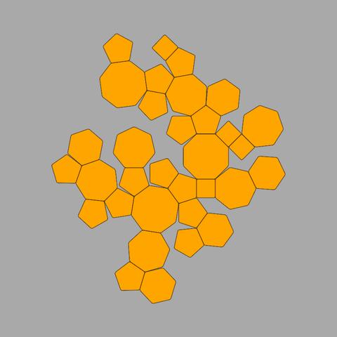 Code generated design made of squares, pentagons, hexagons, heptagons and octagons of equal side length. Gray background, orange shapes with black outline. The shapes touch another shape in one or more edges. Uses a growth algorithm, trying to add new shapes while avoiding overlap with existing shapes or touching the window borders.