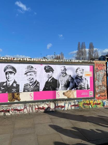Wall in Brick Lane London with posters, pasteupart art. Shows various leaders as nazi army and as officers, includes musk, trump, netenyahu, farage and putin