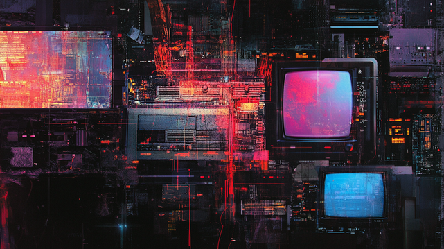 Échos Numériques.
Collage abstrait mêlant circuits électroniques et écrans cathodiques déformés, créant une esthétique rétro-futuriste et dystopique.
Abstract collage blending electronic circuits and distorted CRT screens, creating a retro-futuristic and dystopian aesthetic.