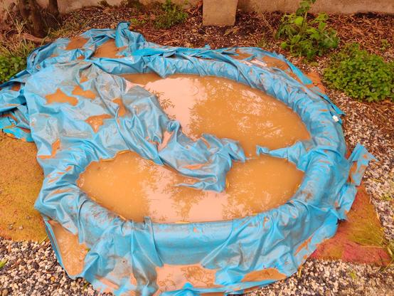 Another pool covered by a blue cover which has picked up the terracotta colour of the mud.