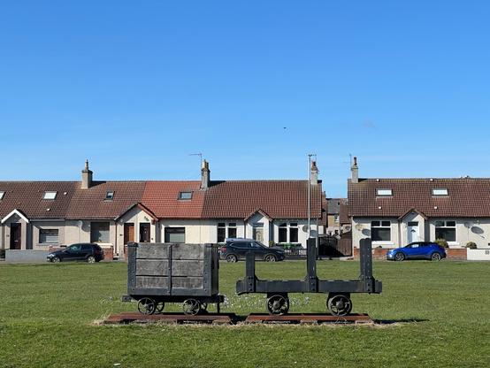 A coal mining hunt on a lawn in front of houses.