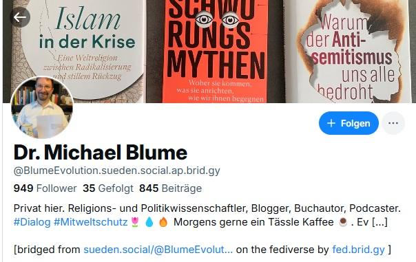 Ein Bluesky-Spiegel-Account von @BlumeEvolution auf Mastodon erhöht die Reichweite des Fediversums. Gefunden durch die japanische KI Felo.ai.