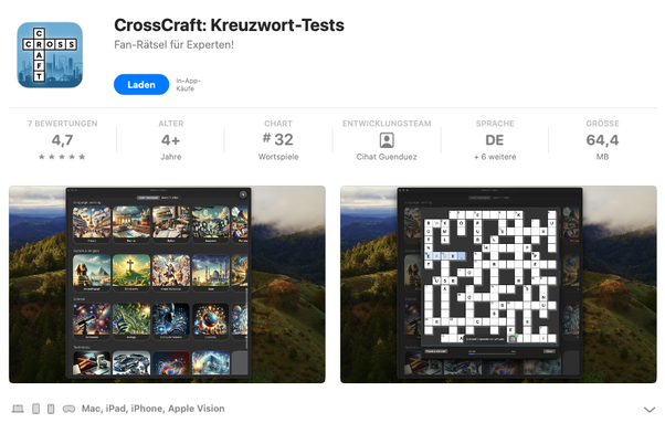 Screenshot from Apples App Store: CrossCraft: Kreuzwort-Tests. Fan-Rätsel für Experten. 7 Reviews, 4+ Years, Chart #32 in Wortspiele, Developer Cihat Guenduez, Language German and 6 more, Size 64,4 MB