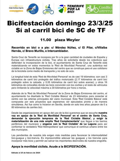 Cartel con el detalle de la bicifestación del domingo 23 de marzo a las 11 AM en la plaza Weyler de Santa Cruz de Tenerife para apoyar el carril bici