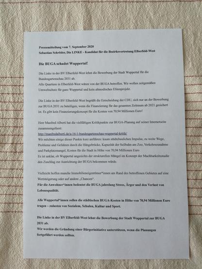 Die BUGA schadet Wuppertal!
Pressemitteilung vom 7. September 2020 Foto