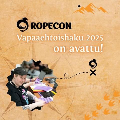 Ropecon-tapahtuman lohikäärmelogo sekä teksti: Vapaaehtoishaku 2025 on avattu!