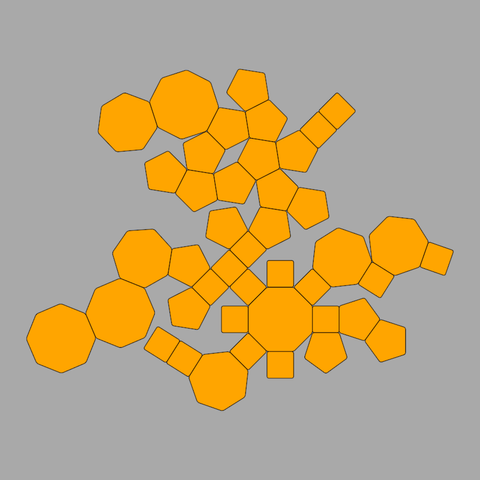 Code generated image made out of regular polygons of equal side length touching on the sides. About 30 ~ 40 orange polygons with black contour and gray background. It resembles those designs one can cut with scissors to then glue and create a regular 3D polyhedron.