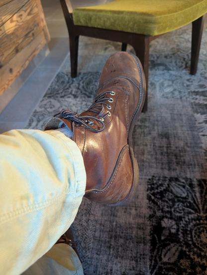 One of the boots being worn.