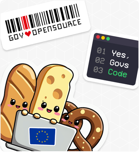 The image shows cute cartoon bread characters (a baguette, bread slice, and pretzel) gathered around a laptop with the EU flag. Above them is a barcode with "GO♥OPENSOURCE" text and a small terminal window showing "Yes, Guvs, Code" in numbered lines. The style is playful and kawaii, celebrating coding and open source software with European connections.