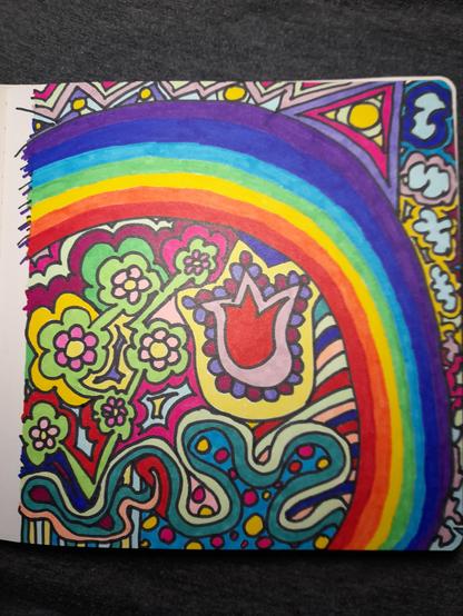 All pics are alcohol ink pen drawings in flower-power-pop-art style, very colourful and abstract. This abstract doodling shows also flowers, cloudlike structures and a big rainbow which spans the entire page from top left to bottom right.
