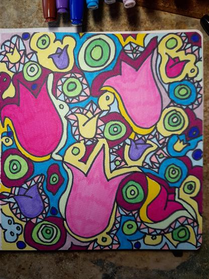 All pics are alcohol ink pen drawings in flower-power-pop-art style, very colourful and abstract. This abstract doodling shows also pink tulips in different sizes and cercles.