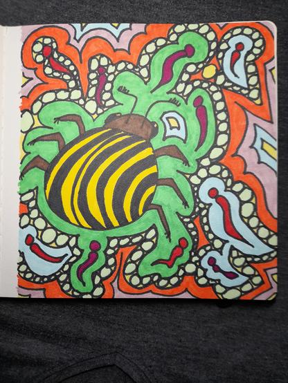 All pics are alcohol ink pen drawings in flower-power-pop-art style, very colourful and abstract. This abstract doodling shows also a big yellow-black striped bug and red larvae-like forms.