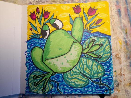 All pics are alcohol ink pen drawings in flower-power-pop-art style, very colourful and abstract. The only non-abstract drawing shows a smiling frog with big eyes sitting on a big leaf in water. In the background red tulips and a yellow sky. The drawing is cartoon-like - and it's the intro for the square notebook. My drawings are intuitive doodles. For the abstract ones I use colours spontaneously by feeling.