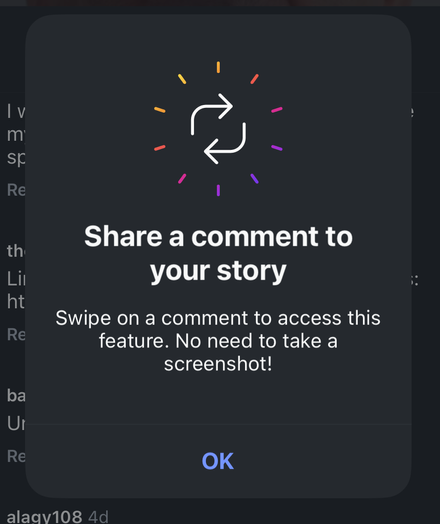 Instagram dialog complaining I screenshotted comments.