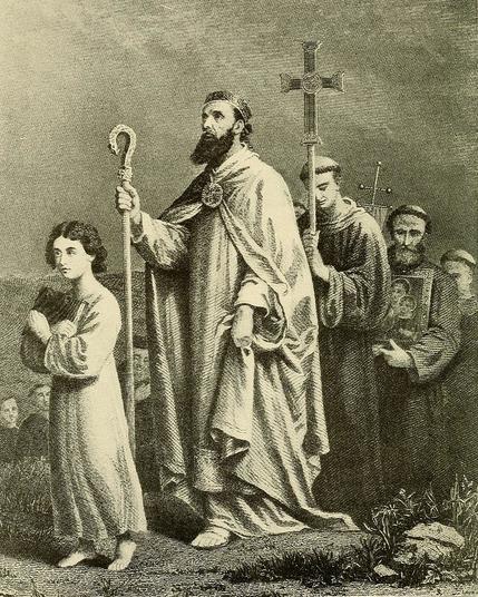 St. Patrick and his retinue of monks travelling to Tara. An illustration from "Ireland's Crown of Thorns and Roses" by Frank J. Ryan and P. F. Holden.