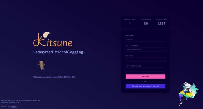 a refreshed look at the kitsune UI. features a slightly different colour theme, the instance description is now dynamically displayed on the left side.

the right side now features actually well formatted instance statistics, and the form had some UI refinements