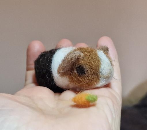 A brown and white and black guinea pig with carrot on my hand. Made of wool.