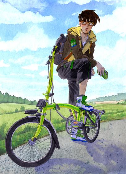 Watercolor drawing of a comic character, resting one foot on lime green foldable bike and holding a phone in his hand. he‘s looking confidently into the distance, his clothes show signs of mending. In the background you can see green hills and forests before a blue cloudy sky.