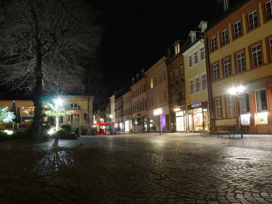 Das Foto zeigt eine nächtliche Straßeszene in der Fußgängerzone in der Altstadt in Heidelberg. Rechts sind die Geschäftshäuser, dann die Straße und links sind Bäume und dahinter ein Restaurant/Café