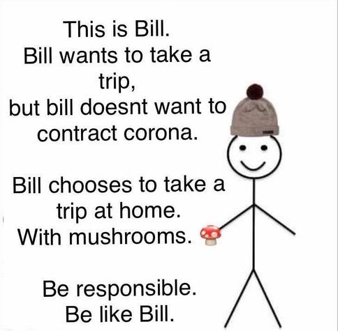 An illustration featuring a stick figure named Bill, who wants to travel but chooses to stay safe at home instead. He is depicted holding a mushroom, with a message encouraging responsibility during the pandemic, suggesting to "be like Bill."

“This is Bill.  Bill wants to take a trip, but Bill doesn’t want to contract Corona.  Bill chooses to take a trip at home.  With mushrooms.  Be responsible.  Be like Bill.”