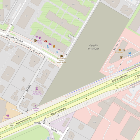 Screenshot z OpenStreetMap przedstawiający osiedle Pry100ra przy ulicy Aleksandra Prystora w Ursusie