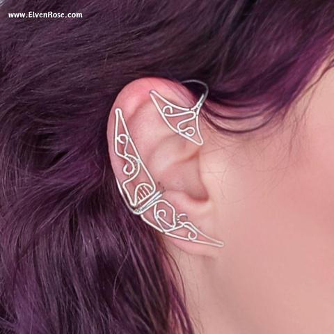 Handmade Elven Crescent Moon Ear Cuff in silver-plated wire, a non-pierced fantasy earring inspired by celestial beauty.