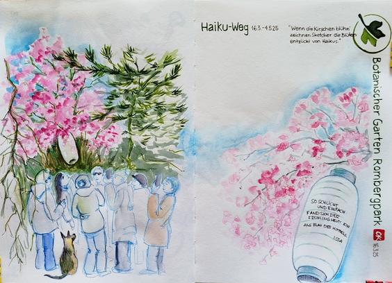 Doppelseite im Skizzenbuch mit einer Personengruppe unter einem Kirschbaum, in dem ein Lampion hängt. Rechts Kirschblüten und Lampion mit #Haiku
'So schlicht und einfach
fand sich der Frühling heut' ein
als Blau des Himmels'.
ISSA