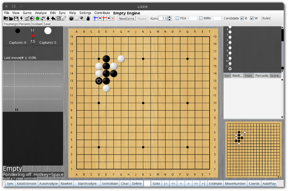 🕶️ A view of its UI (v.2.5.3, on my Linux PC) at the start of the game (without AI). The menus are at the top of the UI, the board is in the center and on either side are graphics and a reduction of the board. At the bottom of the UI are a number of command buttons, including navigation buttons for moving forward and backward in the game analysis.

📚️ LizzieYzy is a libre, multi-platform tool for real-time analysis of Go games based on a Go engine, derived from the Lizzie interface. Compared with Lizzie (which only supports the Leela Zero engine), it brings support for other Go game engines (such as Katago, LeelaZero, Leela, ZenGTP, SAI, Pachi and other GTP engines), new features (Hawk Eye, Flash Analyze, Batch Analyze, Estimate, Game Engine, Tsumego Analysis, Double Engine Mode, Visualization KataGo Distributed Training), support for retina monitors, and drag-and-drop interface resizing.