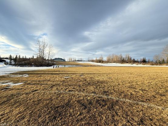 an open field on a cloudy day, old yellow grass, covering most of the area with some splotches of snow left over. Two weeks ago