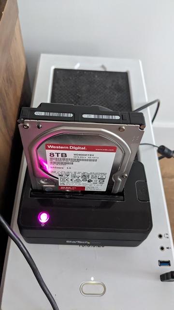 An 8TB hard drive being used in a disk cloning exercise.