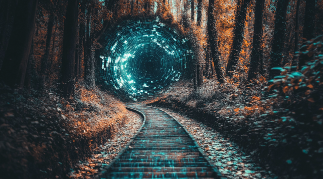 Passage Quantique
Un sentier forestier sinueux mène à un vortex lumineux, un portail numérique scintillant entre les arbres, fusionnant nature et technologie. L’atmosphère est suspendue entre le mystique et le cybernétique, évoquant un passage vers un autre monde ou une dimension inconnue.
A winding forest path leads to a glowing vortex, a shimmering digital portal among the trees, merging nature and technology. The atmosphere hovers between the mystical and the cybernetic, evoking a gateway to another world or an unknown dimension.