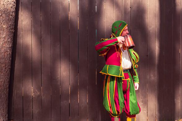 A person dressed in a colorful jester-style costume stands against a wooden fence. They are wearing a green and maroon outfit with yellow accents, including a pointed hat. The person is lifting a bronze mug to their mouth, as if to take a drink. Sunlight filters through the tree branches, casting dappled shadows on the fence and the person.