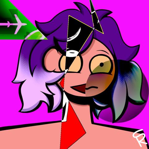 The image is a digital illustration of my original character with purple hair and all. The character's face is 'broken', with one side showing a more dramatic shadowy style and other sides showing a more abstract and geometric style. The triangle side on the top left shows an arrow about to hit. The background is a vibrant pink. The image is full of color and contrast, and the character's expression is a mix of playful and mysterious. The overall effect is one of playful surrealism and a sense of the uncanny. Made with GIMP. To learn more, go to: https://untilted.lol/blog/official-blog/cool-facts-about-untilted-s-main-character This work is licensed under CC BY-ND 4.0. To view a copy of this license, visit https://creativecommons.org/licenses/by-nd/4.0/