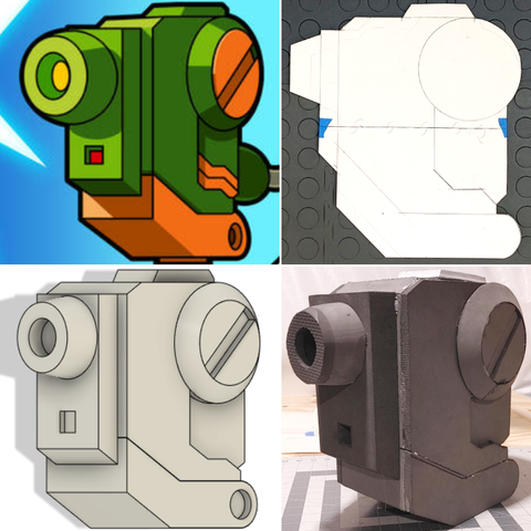 Four pictures showing the work in progress. First is the game art of the cannon. Second is a 2D paper profile. Third is a 3D rendering in Fusion360. Fourth is a rough version made from EVA foam.