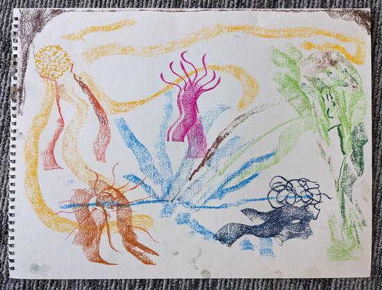 Chalk drawing on a page torn from a large sketch book. In the centre a blue shape like a bush or fire with tendrils drawn using slightly wavy lines. Around this five different coloured shapes each composed of broad wavy lines and short dark narrow lines. One is two shades of green, one dark blue, one brown, one orange yellow and one dark pink. All the forms are different from each other. The yellow orange form has wavy tendrils extending to three of the other forms.