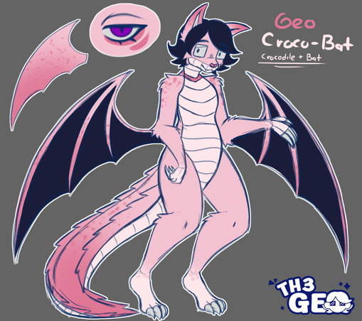 - Drawing Type:
Normal Style / Colored Sketch / Fullbody

- [ 1 ] Character/s:
* Furry / Crocodile + Bat / Female

- Background:
Flat Color

- Description:
Design of my fursona! She's a mix between a crocodile and a bat. Her design is mostly soft pink with some hadr pink details in zones like the tail, wings and ears. On the wings and the hair the colors change to a deep blue, and have purple eyes, but most of the time she have a "toony" look that doesn't show that detail. The anatomy is mostly of a bat, but she have the crocodile elements like in her tail and the stomach, as well of having claws like a reptile