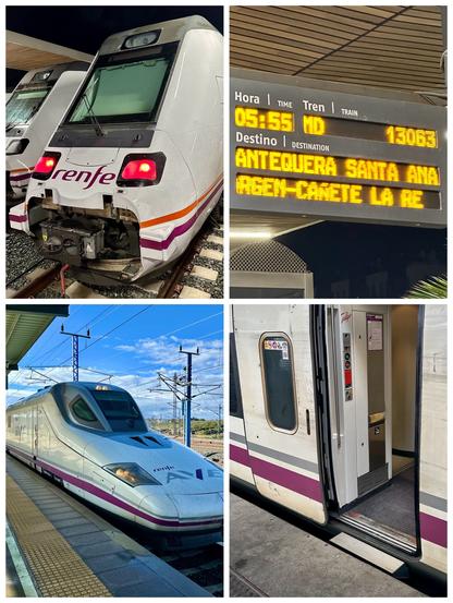 Oben links: Blick auf den hinteren Steuerwagen eines Media Distancia Zuges der spanischen Eisenbahngesellschaft Renfe; oben rechts: die Bahnhofsanzeige zeigt die Startzeit des Media Distancia Zuges für 5:55 Uhr sowie das Ziel und die Zwischenstationen an; unten links: Blick von seitlich-vorn auf den einfahrenden AVE-Zug der Baureihe 102 bzw. 112 der spanischen Eisenbahngesellschaft Renfe; unten rechts: Blick auf eine der Zustiegstüren, die einen ebenerdigen Einstieg und damit barrierefreies Reisen mit diesem Zugtyp ermöglichen.‘